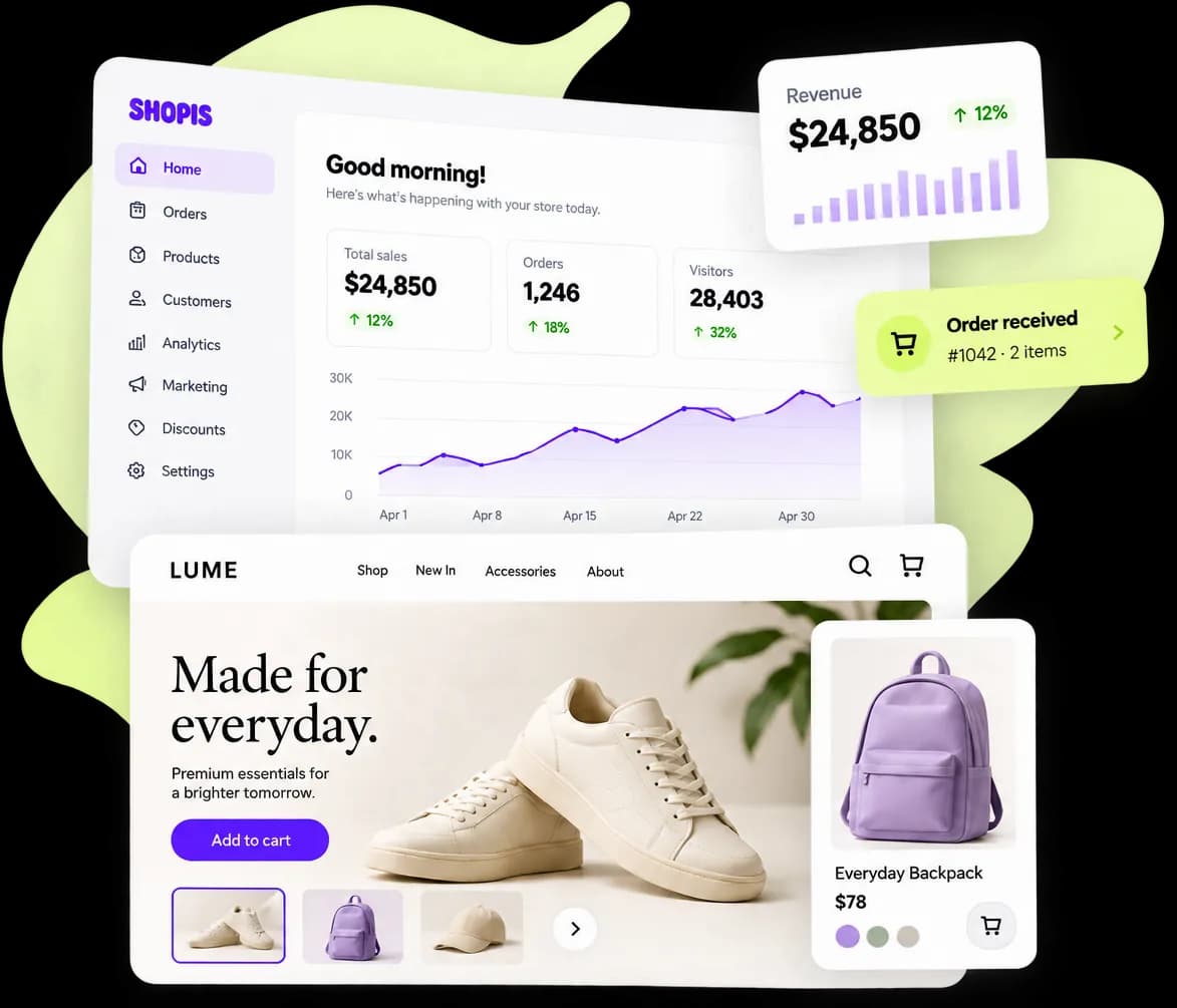 SHOPIS dashboard and a storefront built with SHOPIS